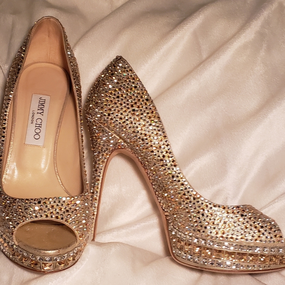 Jimmy Choo Kendall Champagne  W/Swarovski Crystals Platforms Size 39EU 8.5 US